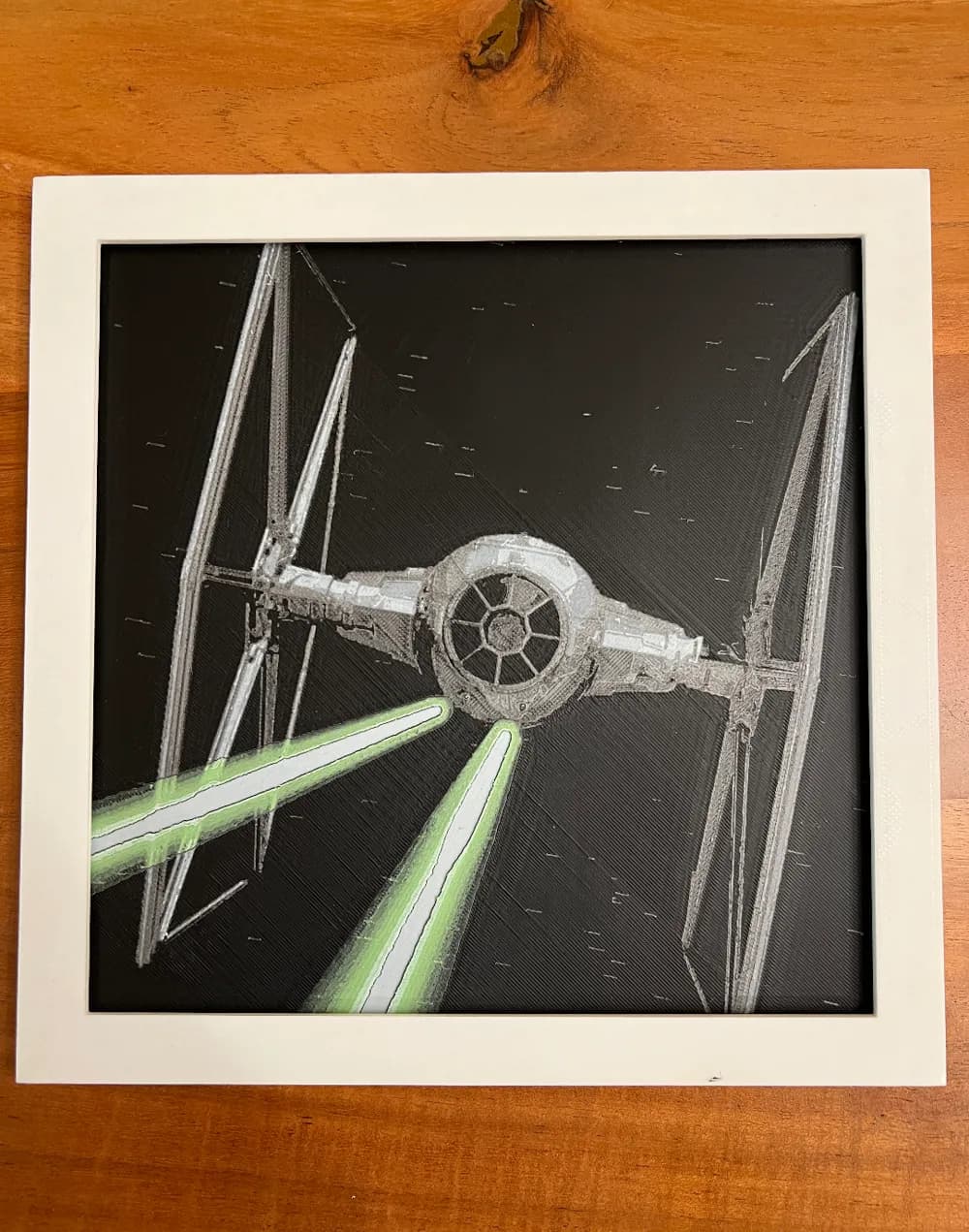 Tie Fighter with Green Blasters Black Background by JustBe 3D Printing HueForge model: Tie Fighter with Green Blasters Black Background by JustBe 3D Printing