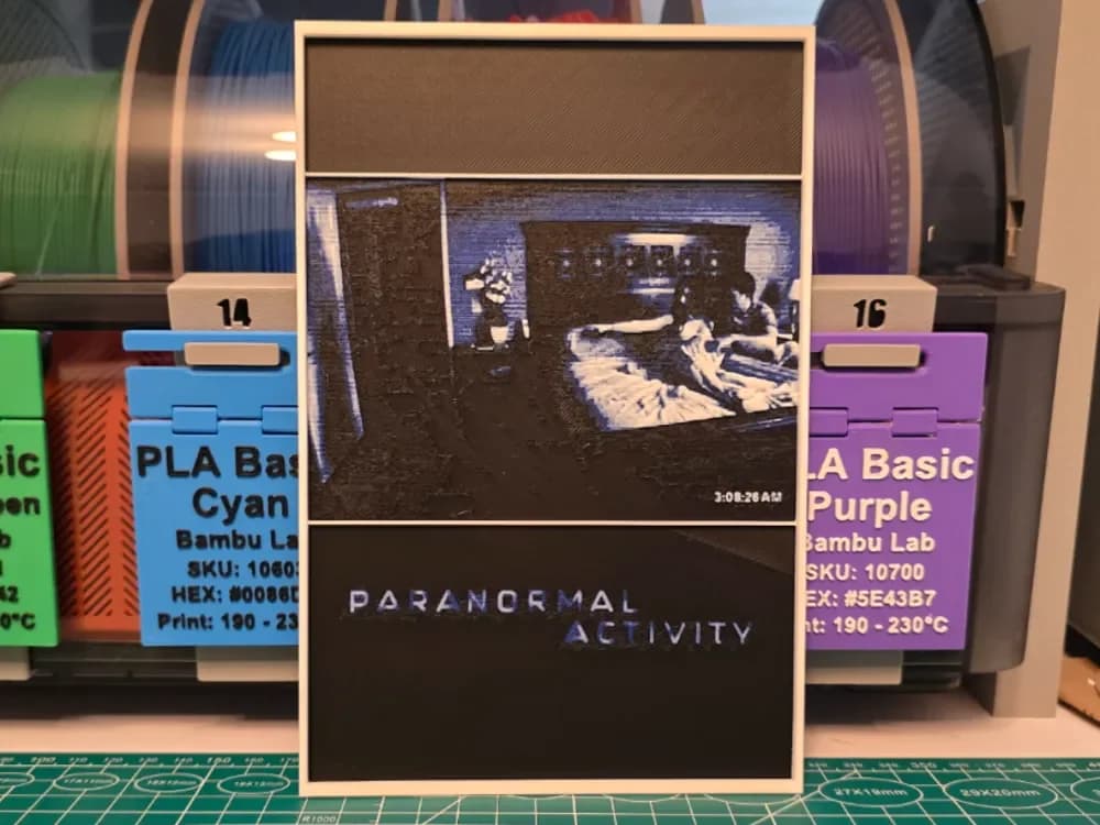 Paranormal Activity Movie Poster - Hueforge Art by Lumpy3D HueForge model: Paranormal Activity Movie Poster - Hueforge Art by Lumpy3D