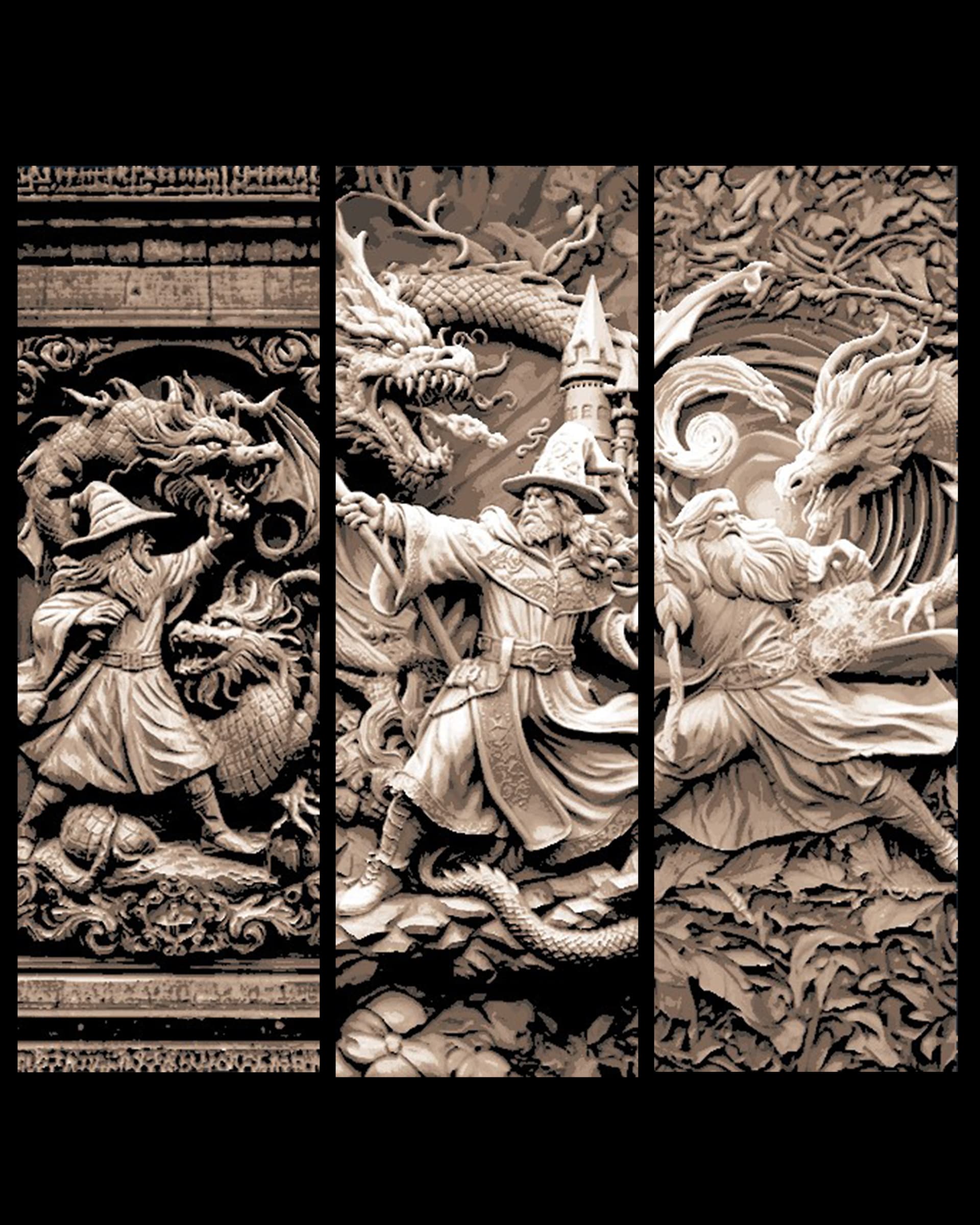 Intricate Carvings of A Epic Fantasy Battle between Mage and Dragon - Set of Bookmarks by BooneCo3d HueForge model: Intricate Carvings of A Epic Fantasy Battle between Mage and Dragon - Set of Bookmarks by BooneCo3d