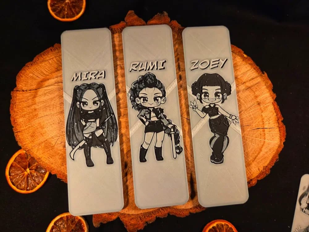 K-pop Demon Hunters Rumi Zoey Mira bookmark set by EternalDesigns3D HueForge model: K-pop Demon Hunters Rumi Zoey Mira bookmark set by EternalDesigns3D