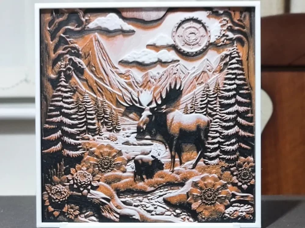 Wood Carving Moose Landscape - HueForge 3 Color by BoDad HueForge model: Wood Carving Moose Landscape - HueForge 3 Color by BoDad