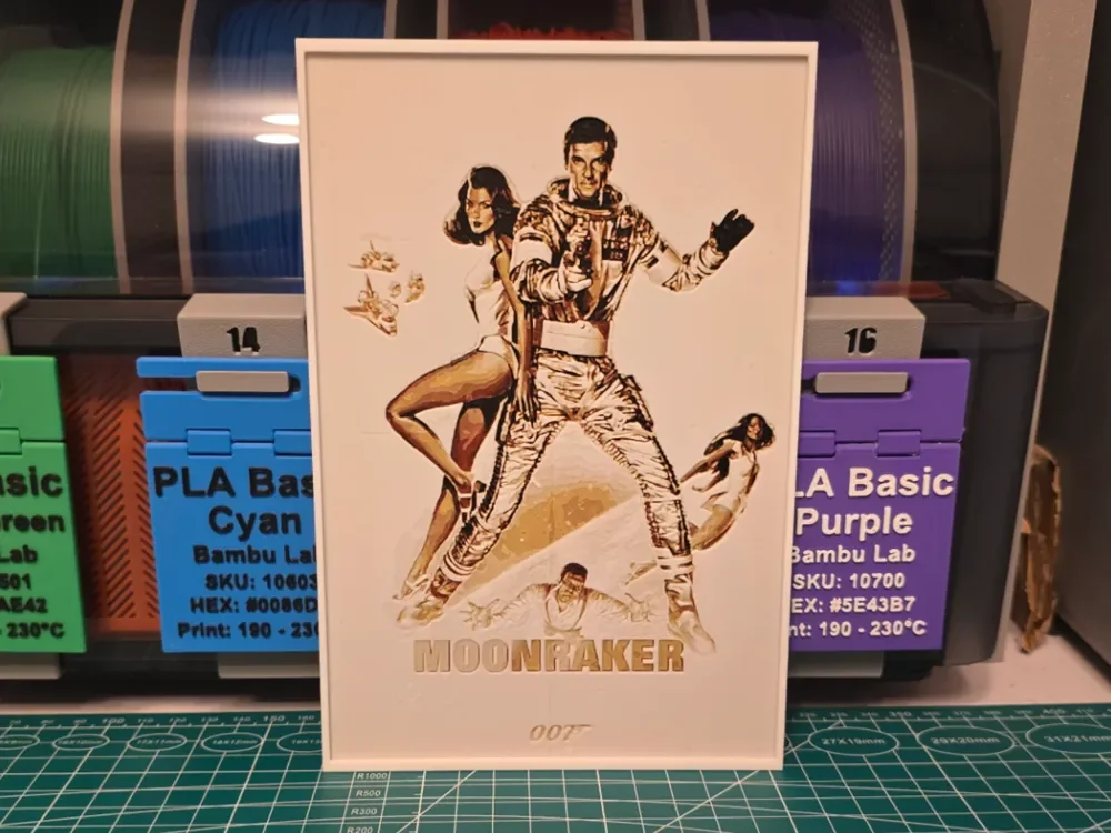 007 Moonraker Movie Poster - Hueforge Art by Lumpy3D HueForge model: 007 Moonraker Movie Poster - Hueforge Art by Lumpy3D