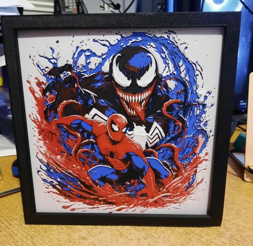 Spider-Man and Venom hueforge 20cm x 20cm hueforge by 3dGlow HueForge model: Spider-Man and Venom hueforge 20cm x 20cm hueforge by 3dGlow