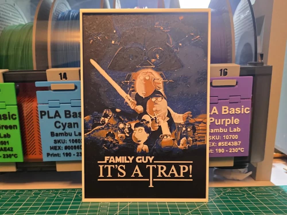 Family Guy Presents: It's a Trap! Poster Hueforge by Lumpy3D HueForge model: Family Guy Presents: It's a Trap! Poster Hueforge by Lumpy3D