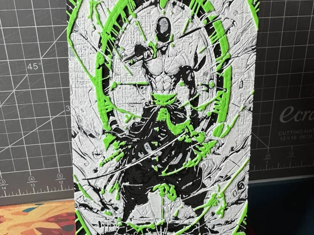 4x8 Hueforge of Roronoa Zoro from One Piece by SBC Creations HueForge model: 4x8 Hueforge of Roronoa Zoro from One Piece by SBC Creations