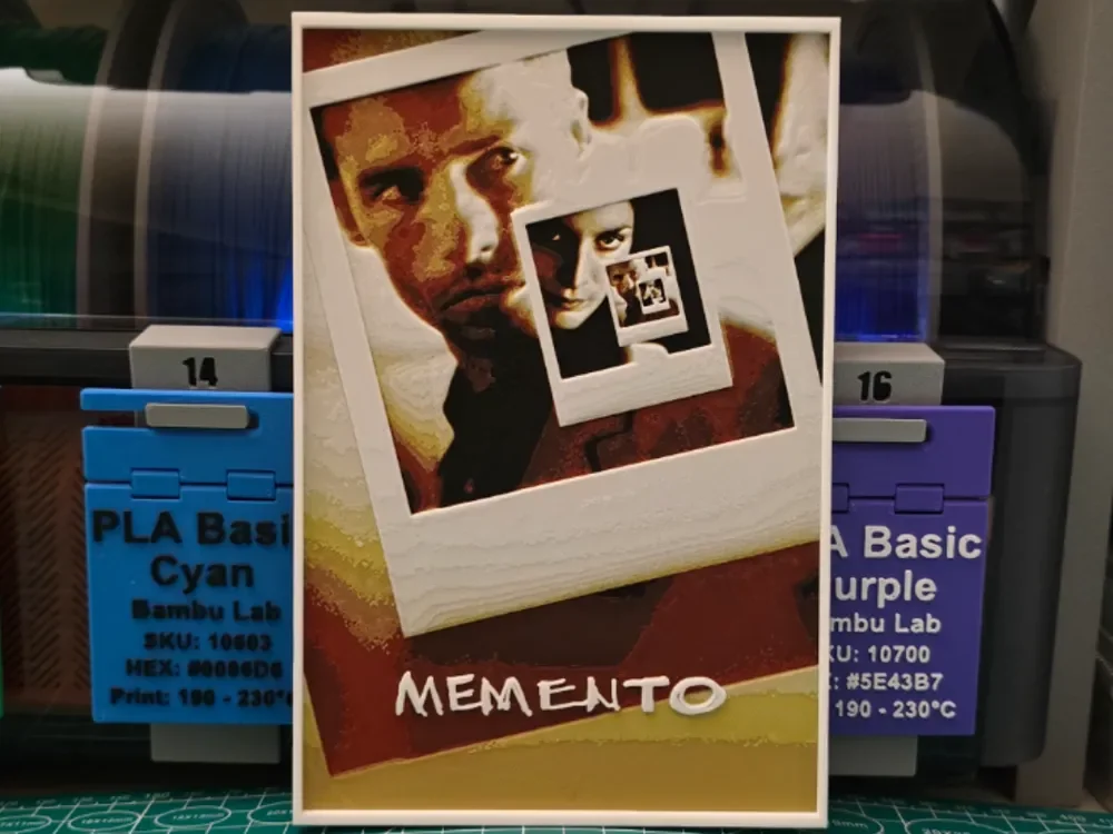 Memento Movie Poster - Hueforge Art by Lumpy3D HueForge model: Memento Movie Poster - Hueforge Art by Lumpy3D