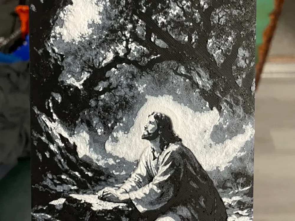 Jesus Praying in the Woods Hueforge by Advancedtechworldwide HueForge model: Jesus Praying in the Woods Hueforge by Advancedtechworldwide
