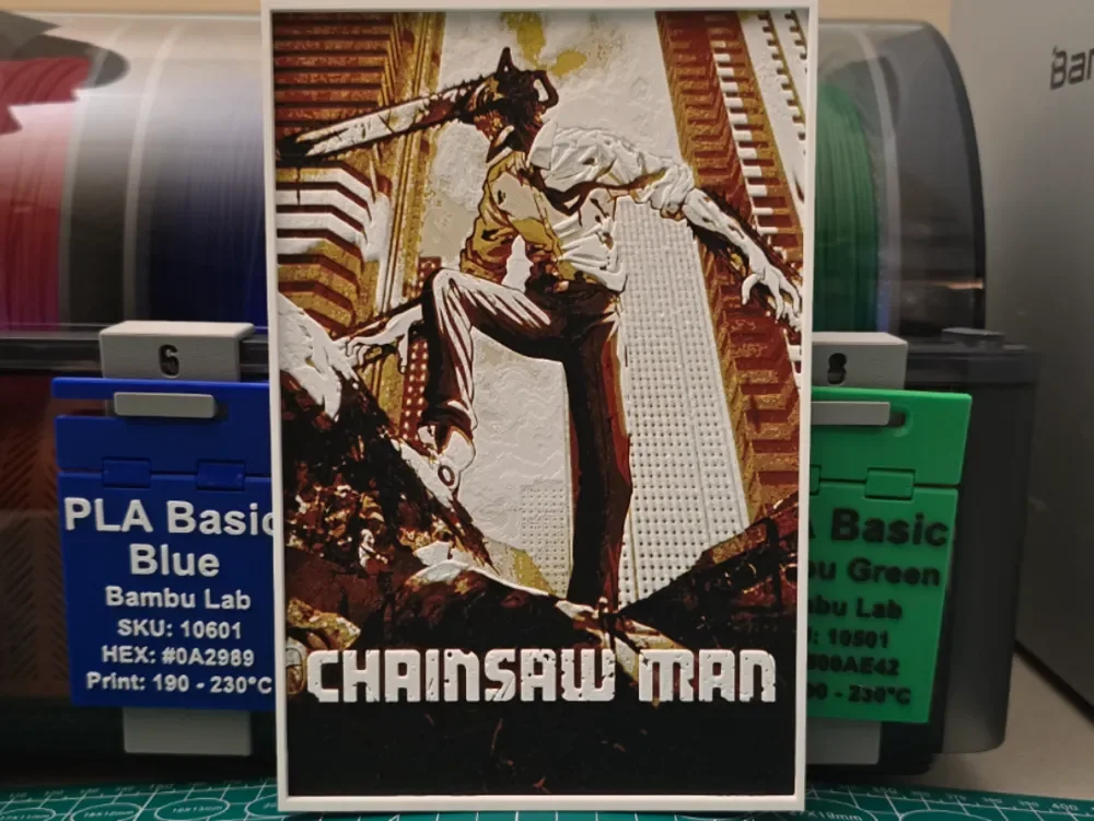 Chainsaw Man Anime Poster - Hueforge Art by Lumpy3D HueForge model: Chainsaw Man Anime Poster - Hueforge Art by Lumpy3D