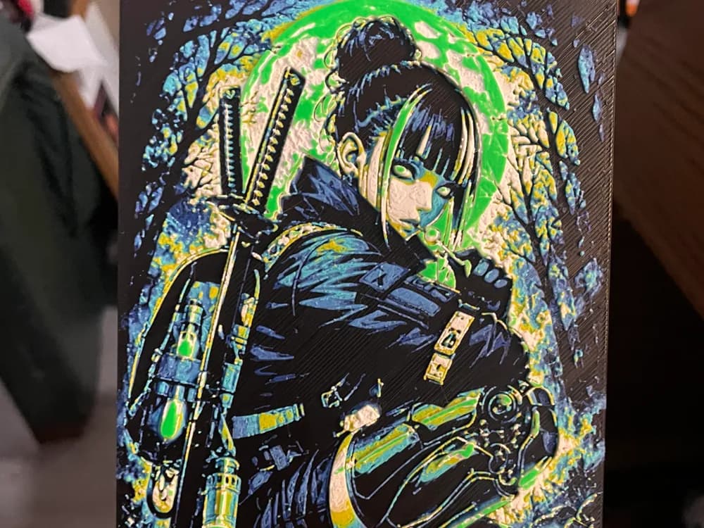 Cyborg Samurai Woman ALT Version Green Hueforge by Advancedtechworldwide HueForge model: Cyborg Samurai Woman ALT Version Green Hueforge by Advancedtechworldwide