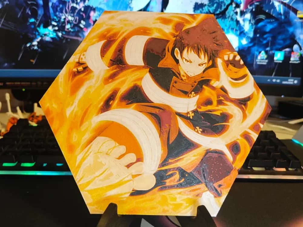 Hueforge Shinra Kusakabe (Fire Force) honeycomb mode by JGz3DMaker HueForge model: Hueforge Shinra Kusakabe (Fire Force) honeycomb mode by JGz3DMaker