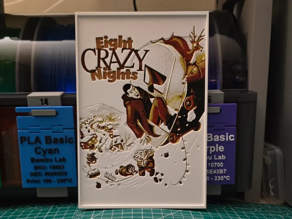 Eight Crazy Nights Movie Poster - Hueforge Art by Lumpy3D HueForge model: Eight Crazy Nights Movie Poster - Hueforge Art by Lumpy3D
