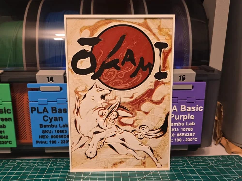 Ōkami Game Poster - Hueforge Art by Lumpy3D HueForge model: Ōkami Game Poster - Hueforge Art by Lumpy3D