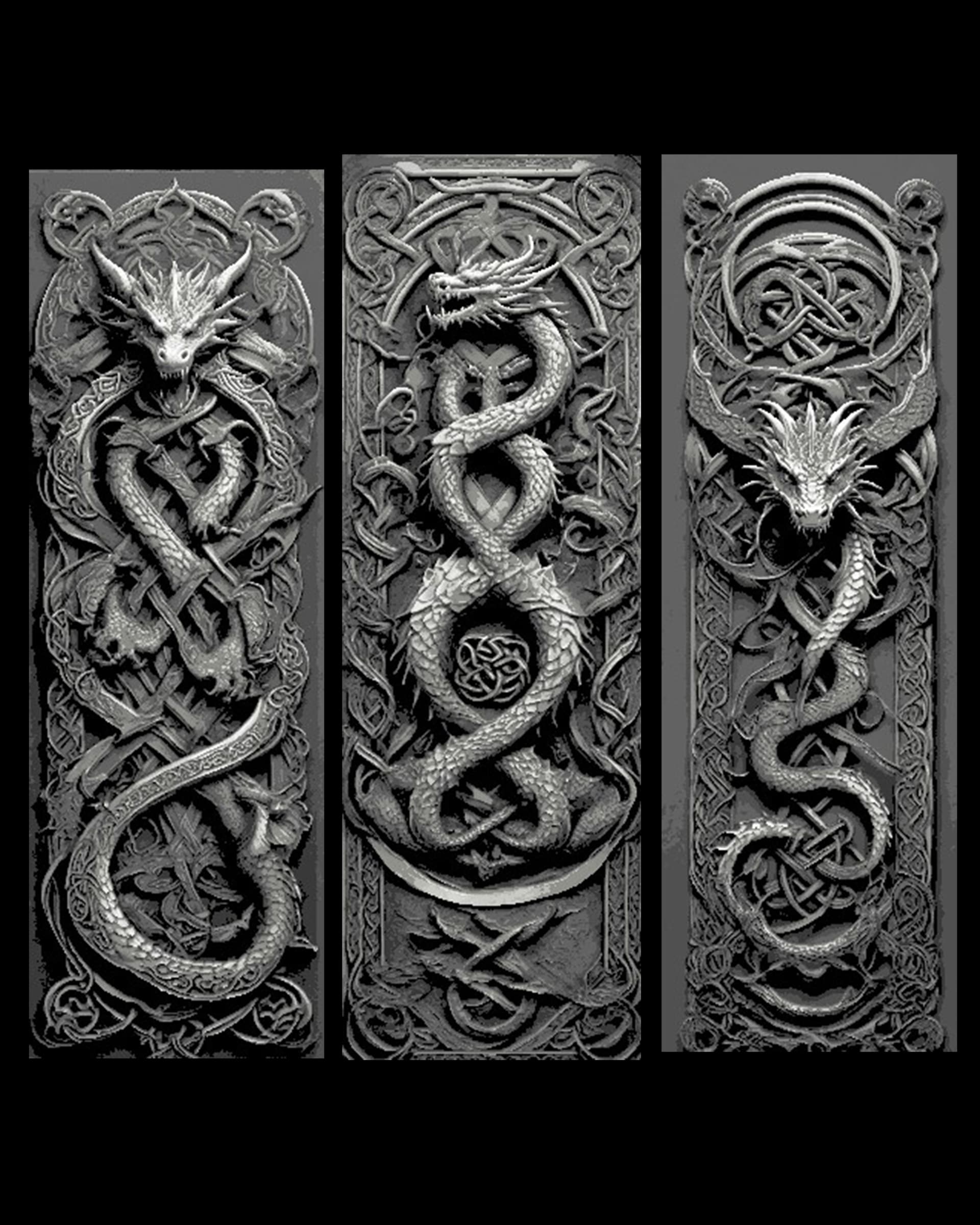 Celtic Knot Carvings depicting Dragons Guarding the way - Set of Bookmarks Celtic Knot Carvings depicting Dragons Guarding the way - Set of Bookmarks