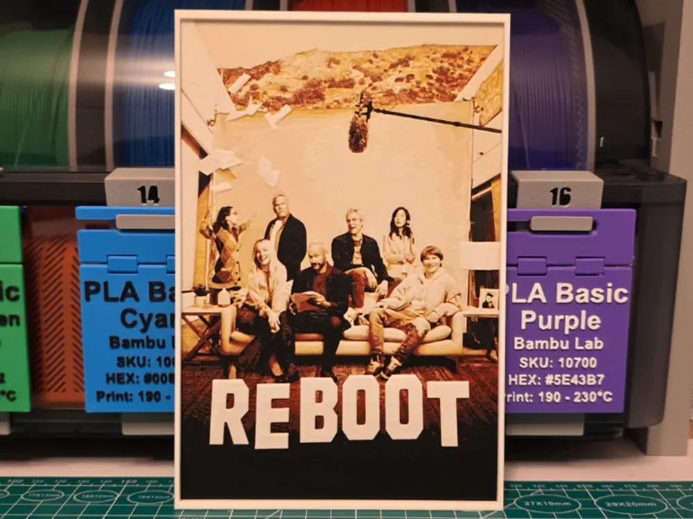 Reboot Poster - Hueforge Art by Lumpy3D HueForge model: Reboot Poster - Hueforge Art by Lumpy3D