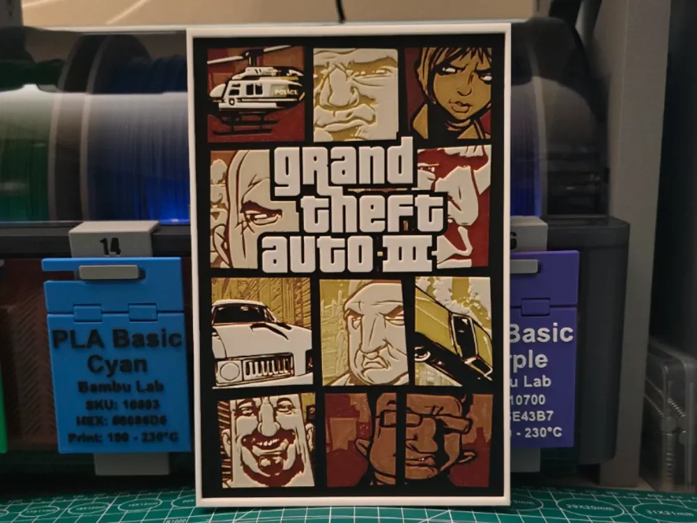 Grand Theft Auto III Poster - Hueforge Art by Lumpy3D HueForge model: Grand Theft Auto III Poster - Hueforge Art by Lumpy3D