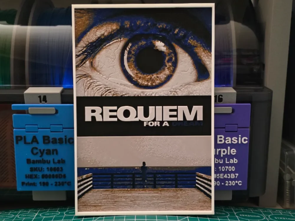 Requiem for a Dream Movie Poster - Hueforge Art by Lumpy3D HueForge model: Requiem for a Dream Movie Poster - Hueforge Art by Lumpy3D