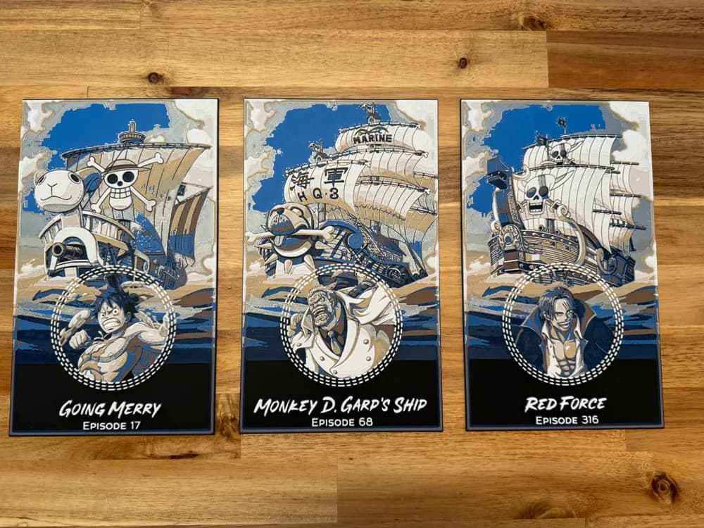 HueForge model: One Piece Triptych - Episodes 17 - 68 - 316 by Canadian Gamer