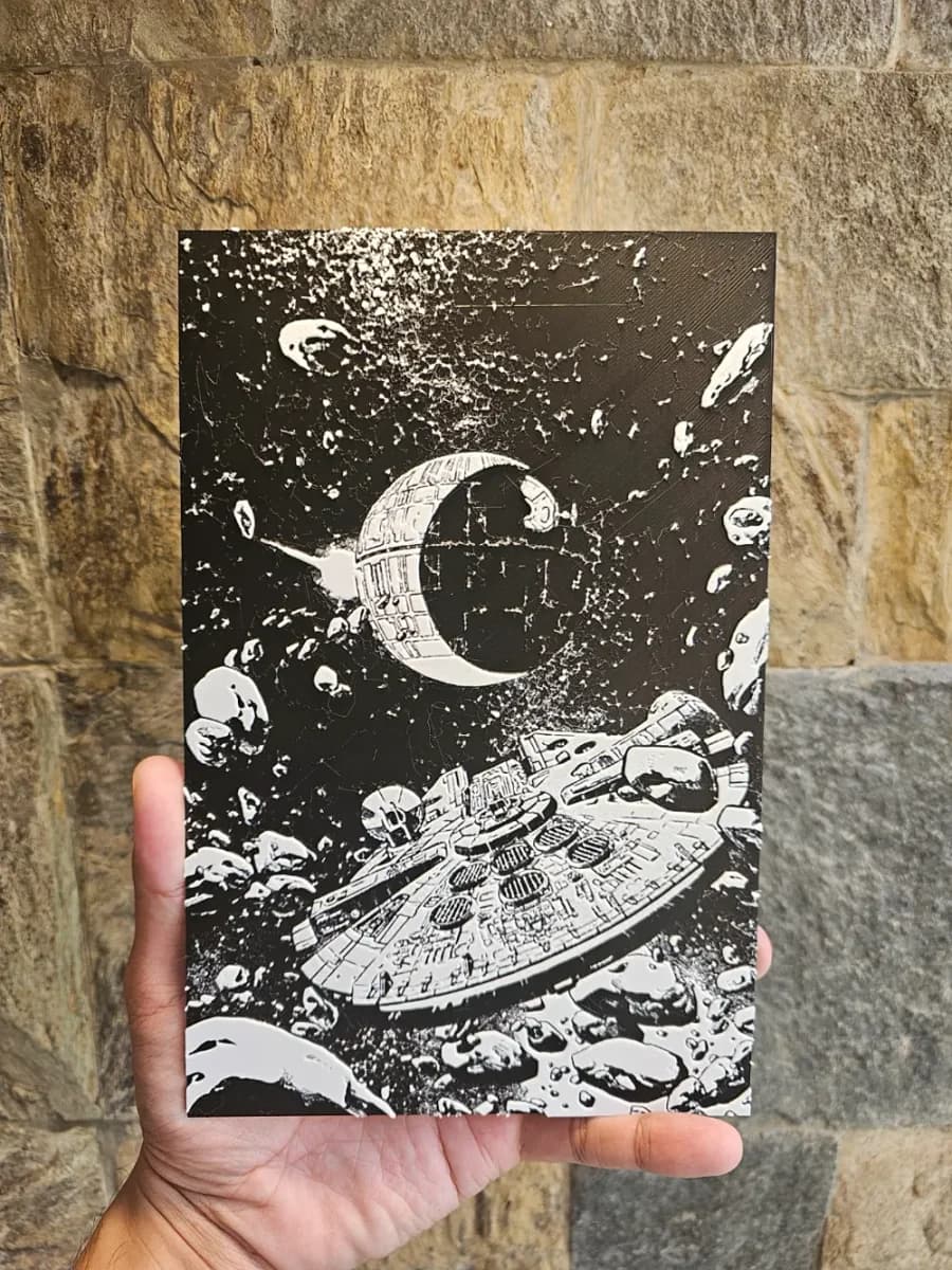 HueForge model: Millennium Falcon and the Death Star Hueforge by Loki