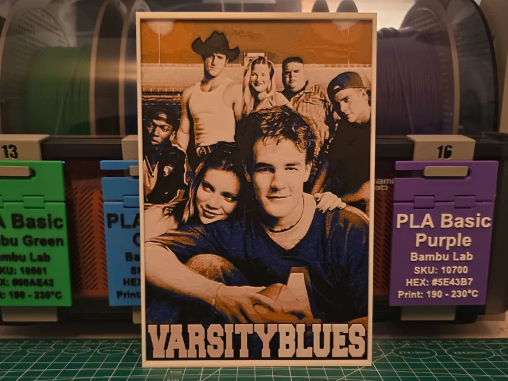 Varsity Blues Movie Poster - Hueforge Art by Lumpy3D HueForge model: Varsity Blues Movie Poster - Hueforge Art by Lumpy3D