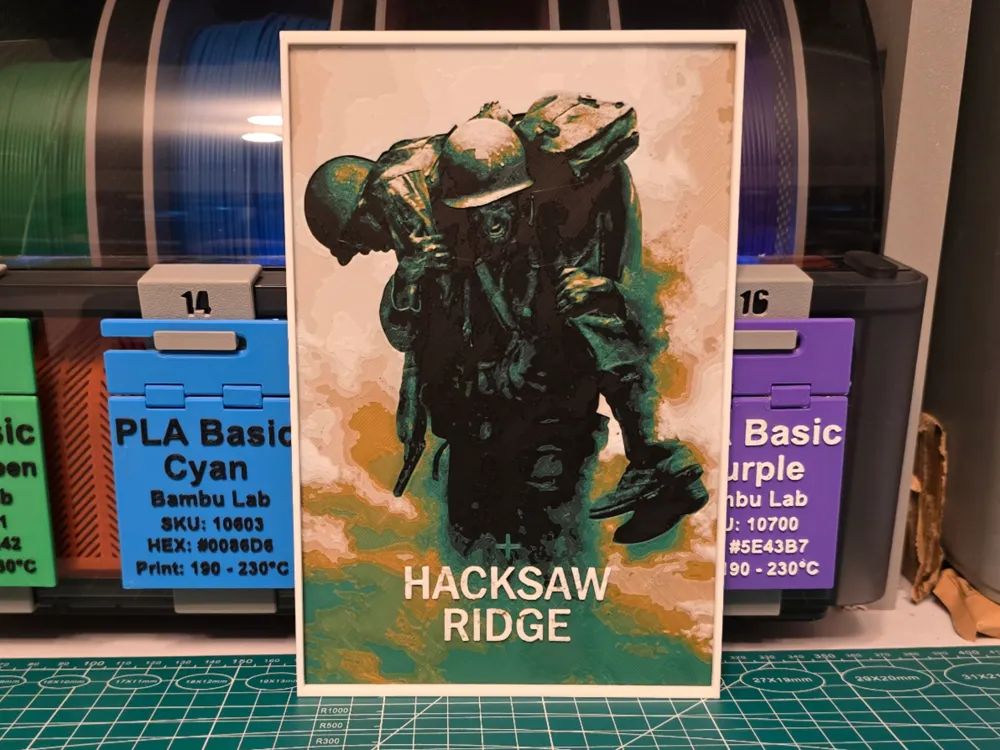 Hacksaw Ridge Movie Poster - Hueforge Art by Lumpy3D HueForge model: Hacksaw Ridge Movie Poster - Hueforge Art by Lumpy3D