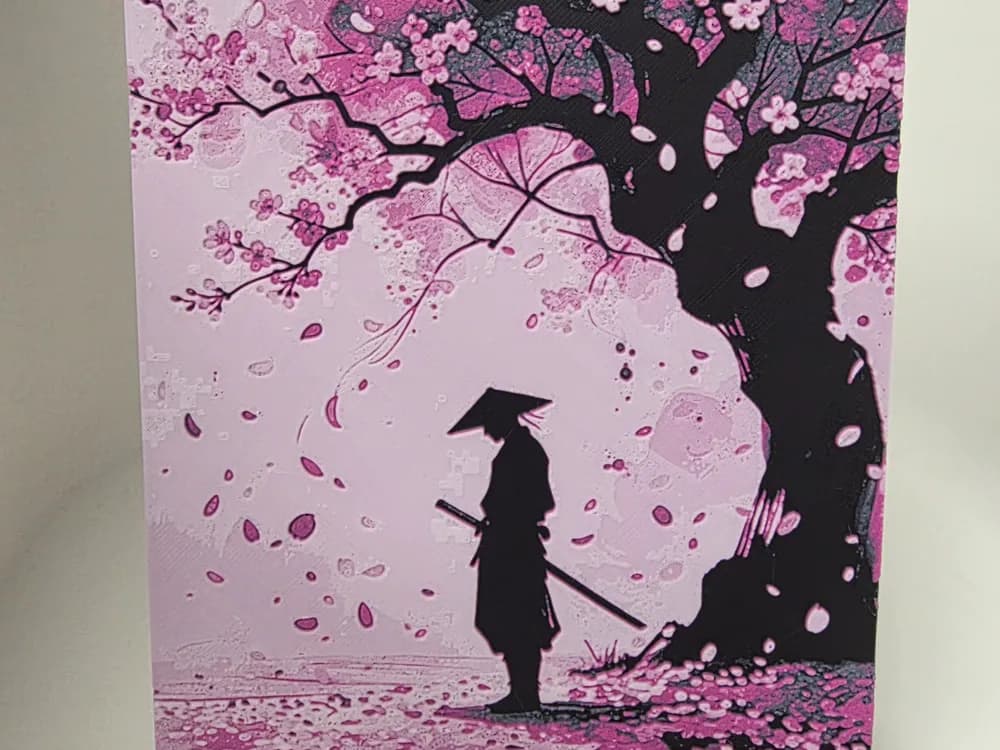 Samurai Under Cherry Blossoms Hueforge by Morganja HueForge model: Samurai Under Cherry Blossoms Hueforge by Morganja