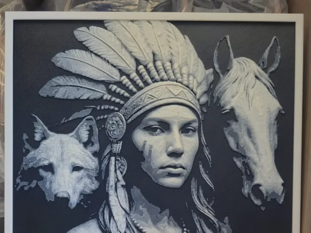 Native American ladie with horse and wolf by Buntsta HueForge model: Native American ladie with horse and wolf by Buntsta