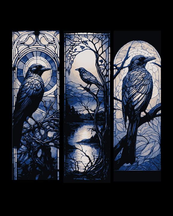 Stained Glass Depictions of the Lone Crow - Set of Bookmarks Stained Glass Depictions of the Lone Crow - Set of Bookmarks