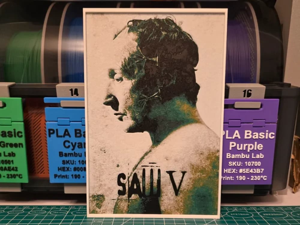 Saw V Movie Poster - Hueforge Art by Lumpy3D HueForge model: Saw V Movie Poster - Hueforge Art by Lumpy3D