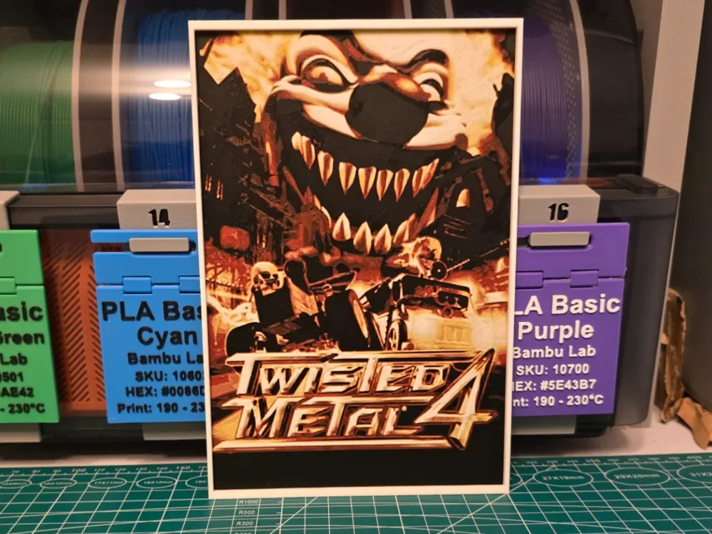 Twisted Metal 4 Game Poster - Hueforge Art by Lumpy3D HueForge model: Twisted Metal 4 Game Poster - Hueforge Art by Lumpy3D