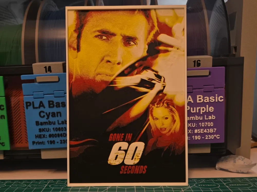 Gone in Sixty Seconds Movie Poster - Hueforge Art by Lumpy3D HueForge model: Gone in Sixty Seconds Movie Poster - Hueforge Art by Lumpy3D