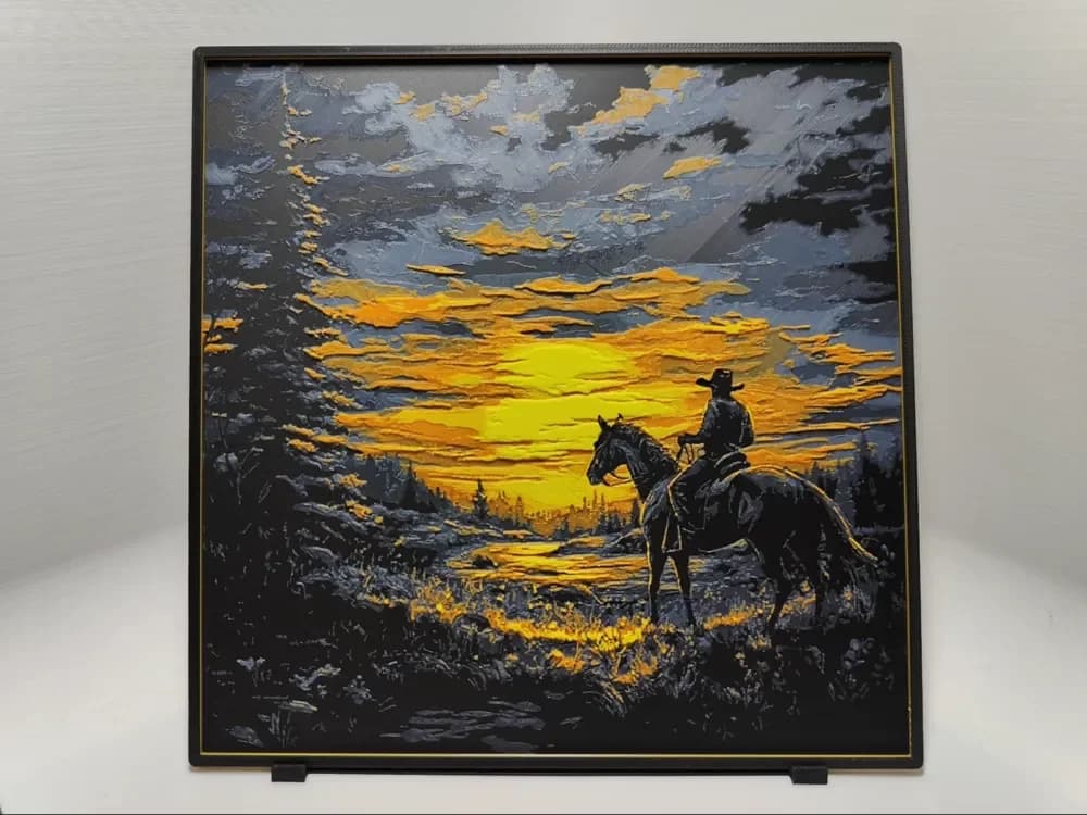 Cowboy riding into the sunset - Huefroge by BeaN HueForge model: Cowboy riding into the sunset - Huefroge by BeaN