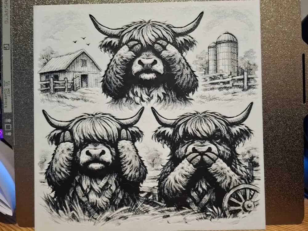 No hear, No see, no speak - Highland cow hueforge by 3dGlow HueForge model: No hear, No see, no speak - Highland cow hueforge by 3dGlow