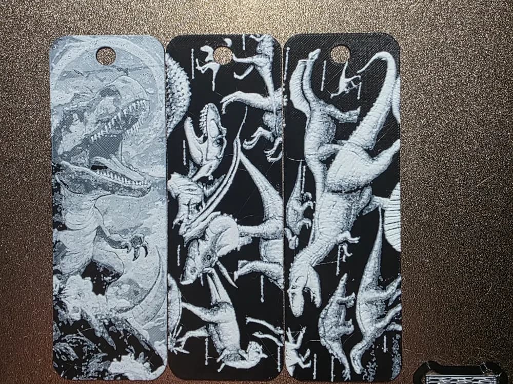 Dinosaur Hueforge Bookmark Set of 3 Black/White by AirMechDesigns HueForge model: Dinosaur Hueforge Bookmark Set of 3 Black/White by AirMechDesigns