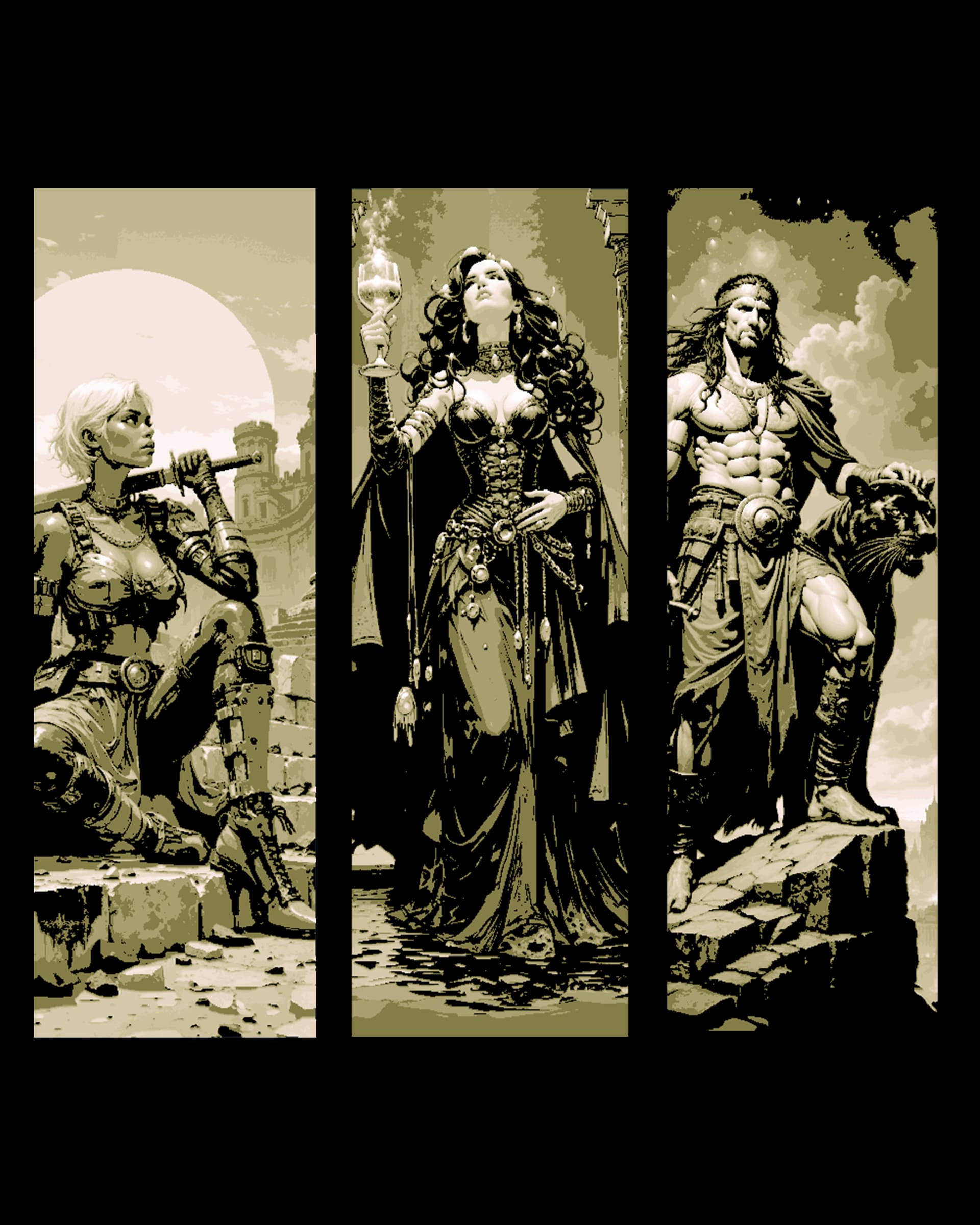 fantasy paintings of the heroes - sorceress, warrior and thief - set of bookmarks fantasy paintings of the heroes - sorceress, warrior and thief - set of bookmarks