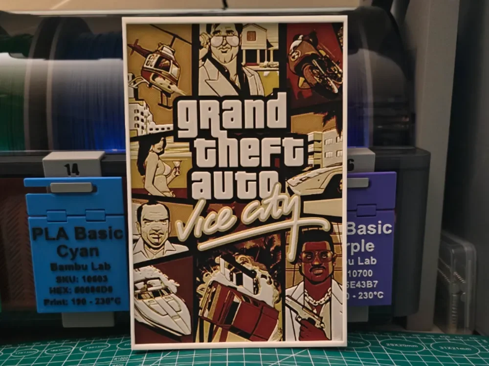 Grand Theft Auto: Vice City Poster - Hueforge Art by Lumpy3D HueForge model: Grand Theft Auto: Vice City Poster - Hueforge Art by Lumpy3D