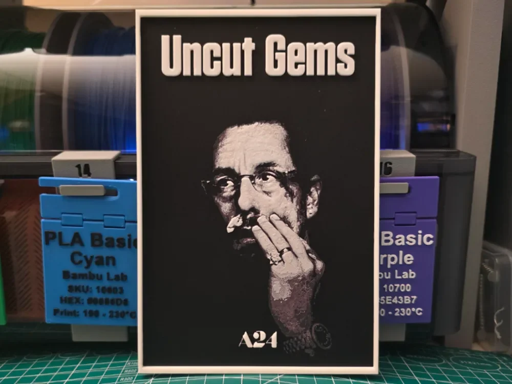 Uncut Gems Movie Poster - Hueforge Art by Lumpy3D HueForge model: Uncut Gems Movie Poster - Hueforge Art by Lumpy3D