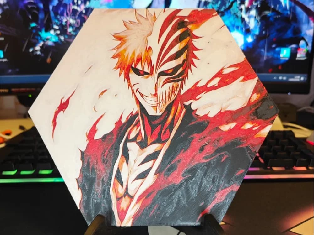 Hueforge Ichigo Kurosaki (Bleach) honeycomb mode by JGz3DMaker HueForge model: Hueforge Ichigo Kurosaki (Bleach) honeycomb mode by JGz3DMaker