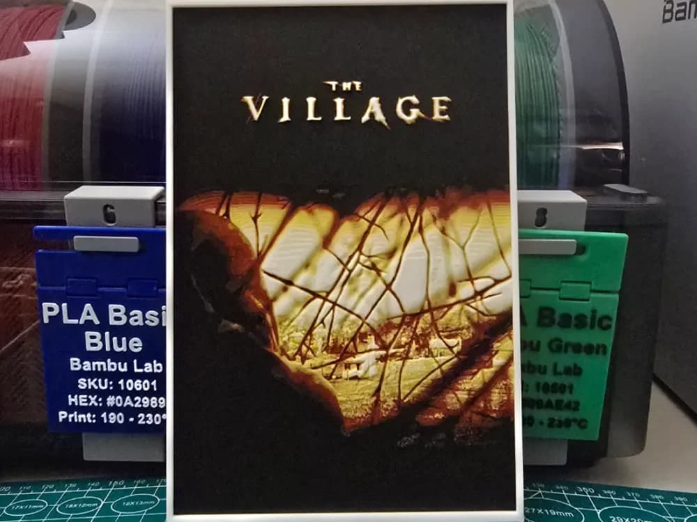 The Village Movie Poster - Hueforge Art by Lumpy3D HueForge model: The Village Movie Poster - Hueforge Art by Lumpy3D