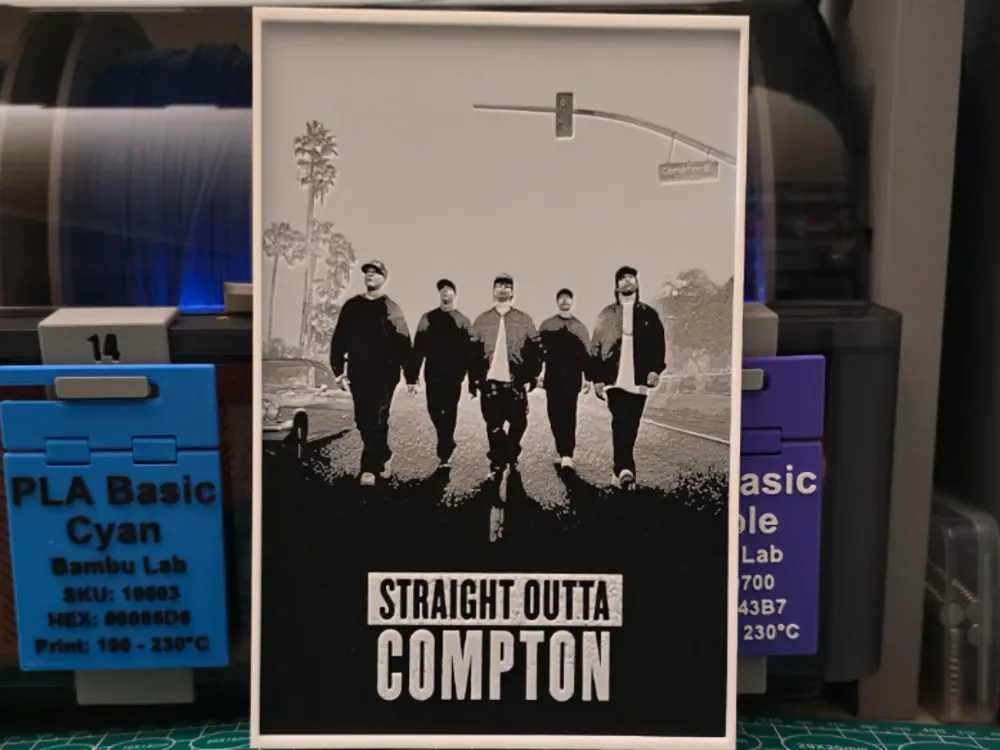 Straight Outta Compton Movie Poster - Hueforge Art by Lumpy3D HueForge model: Straight Outta Compton Movie Poster - Hueforge Art by Lumpy3D