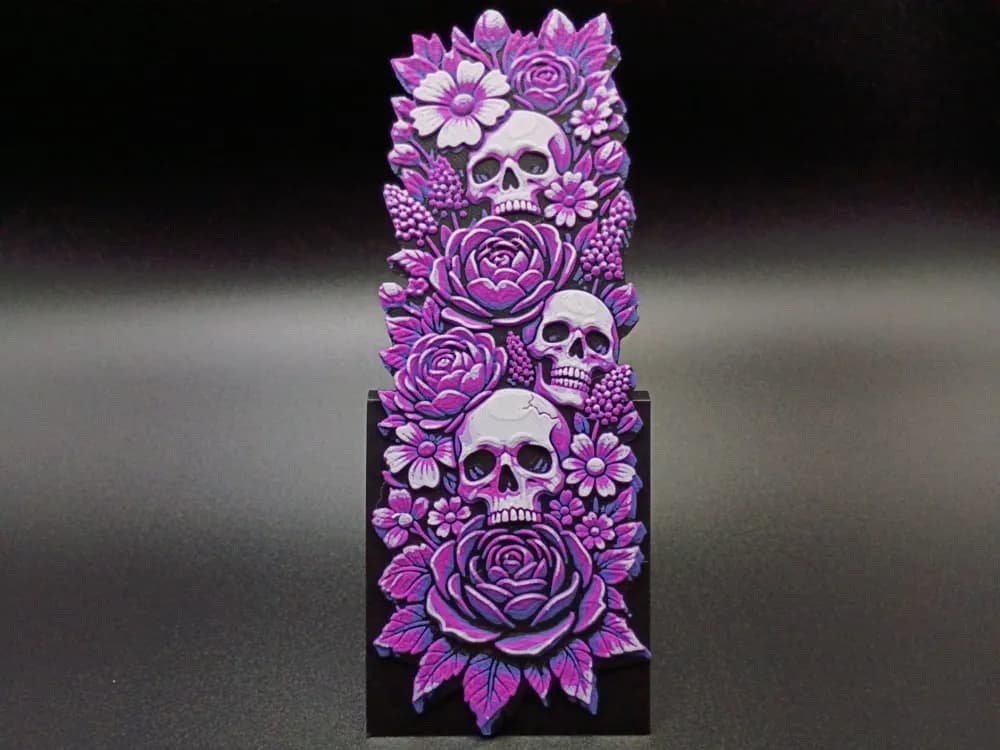 Skulls and Flowers Magenta Bookmark by 3djd HueForge model: Skulls and Flowers Magenta Bookmark by 3djd