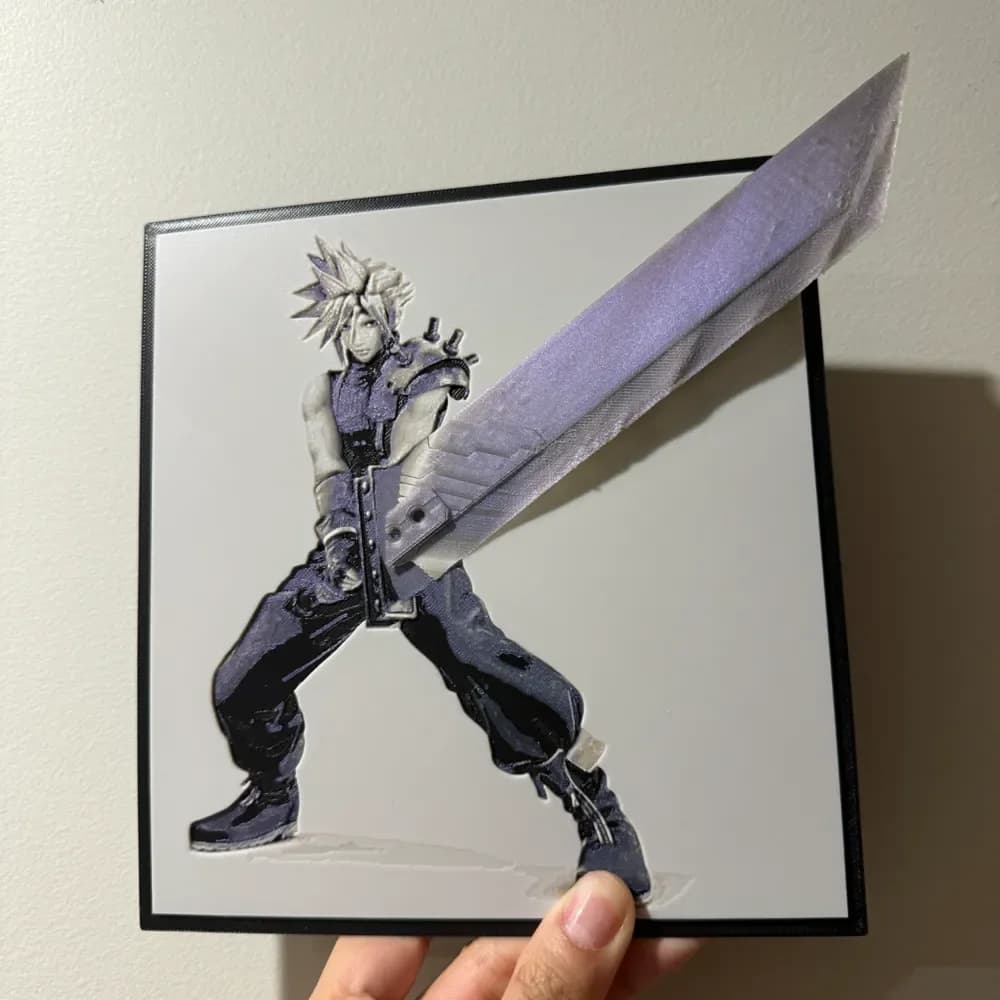 Cloud Strife with Buster Sword Pop Art - Hueforge Hybrid by cyanidesugar HueForge model: Cloud Strife with Buster Sword Pop Art - Hueforge Hybrid by cyanidesugar