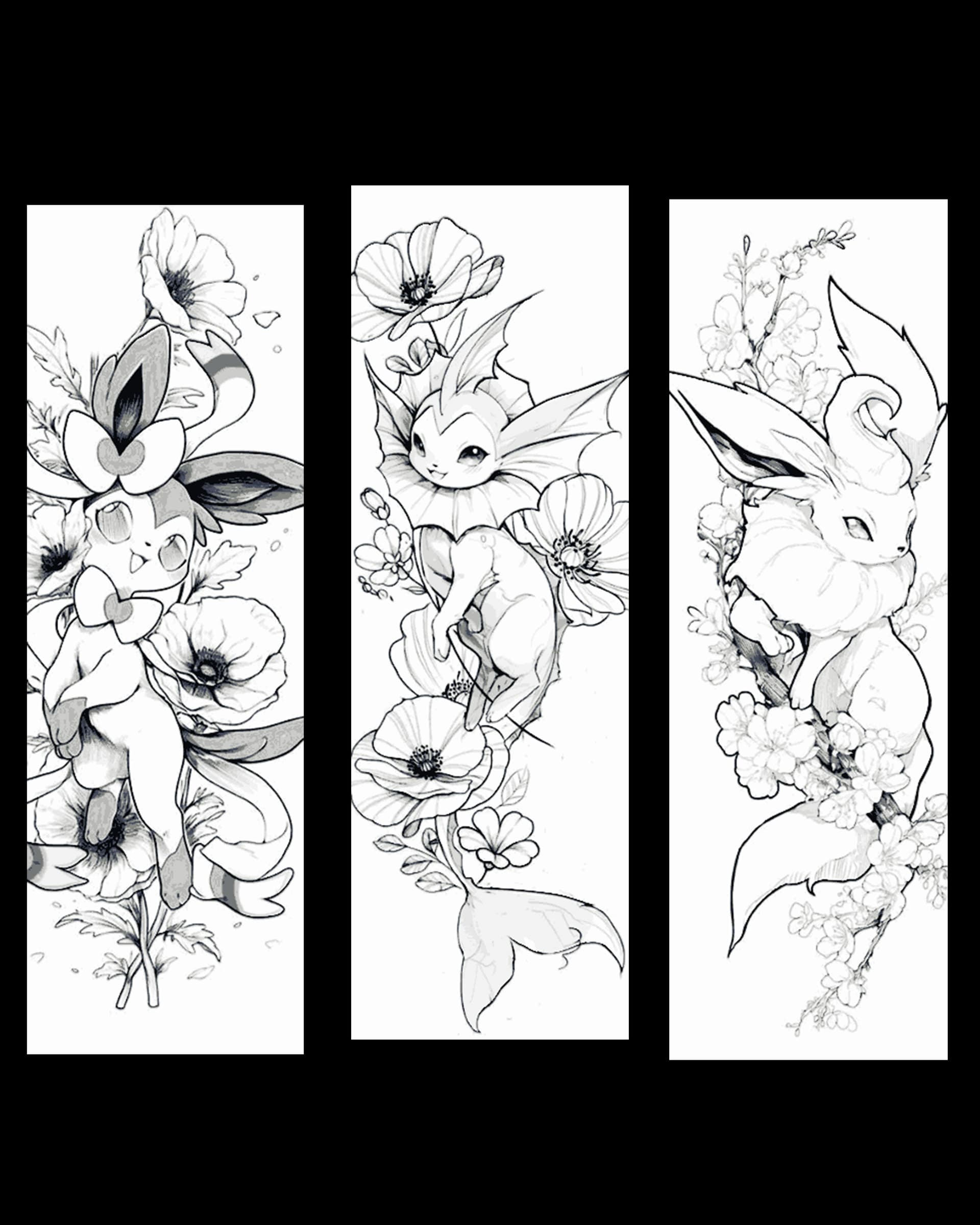 black and white designs of several Eevee evolutions - set of bookmarks black and white designs of several Eevee evolutions - set of bookmarks