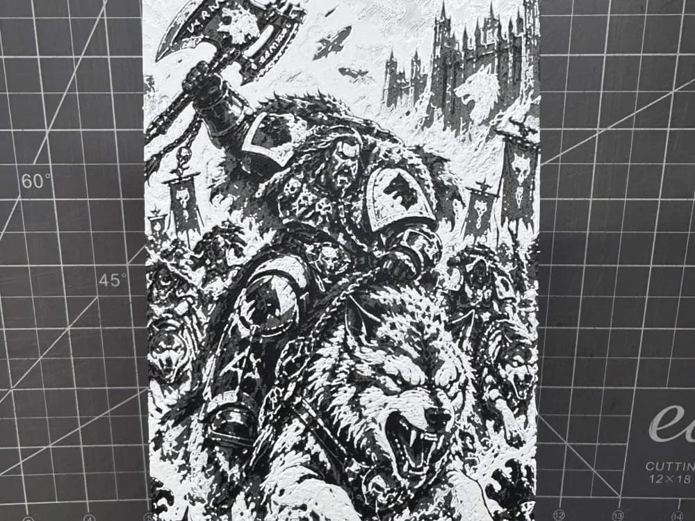 Hueforge of a frost wolf warrior on wolf back Hueforge of a frost wolf warrior on wolf back