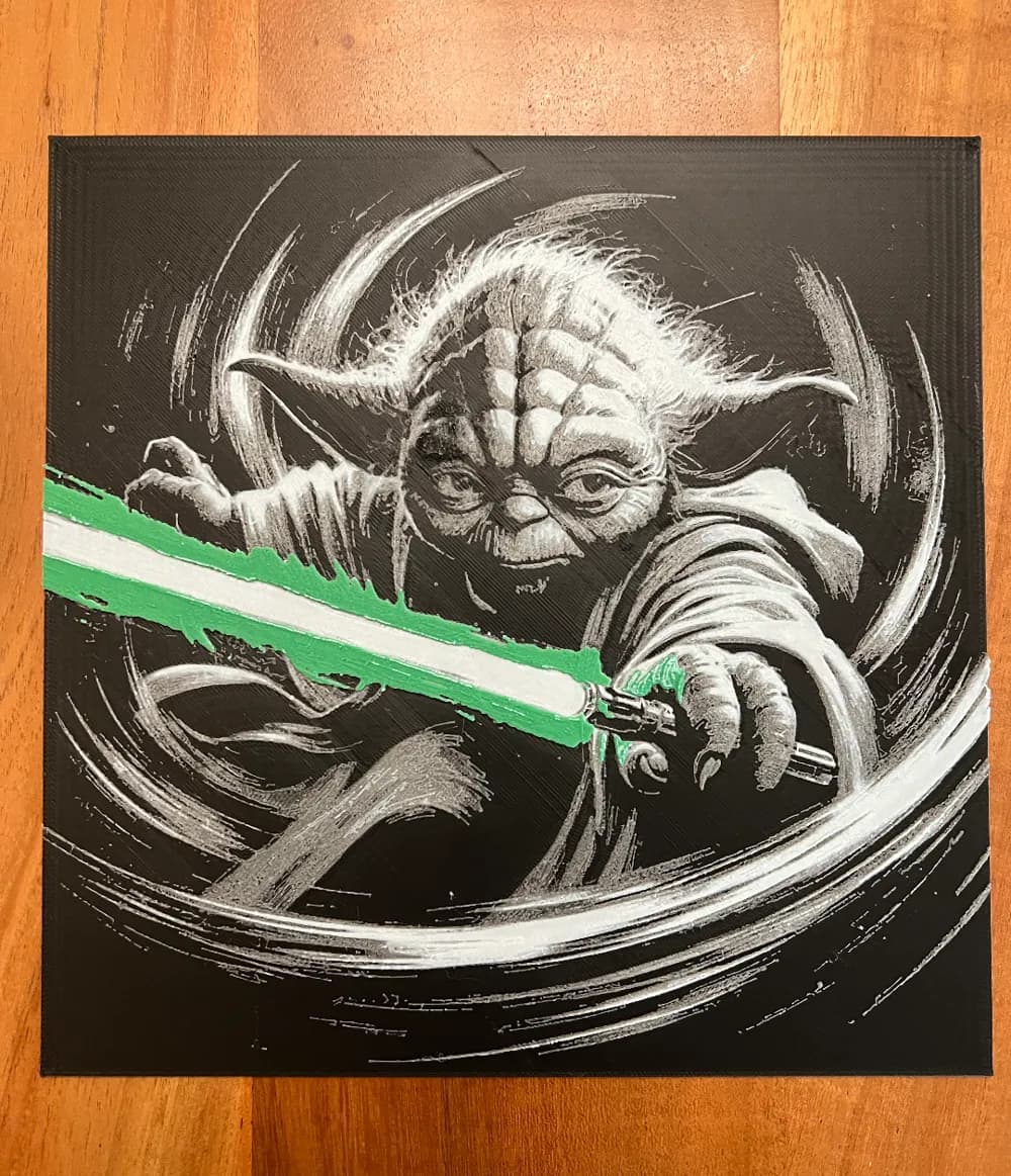 Yoda Swinging Green Lightsaber (Black Background) by JustBe 3D Printing HueForge model: Yoda Swinging Green Lightsaber (Black Background) by JustBe 3D Printing