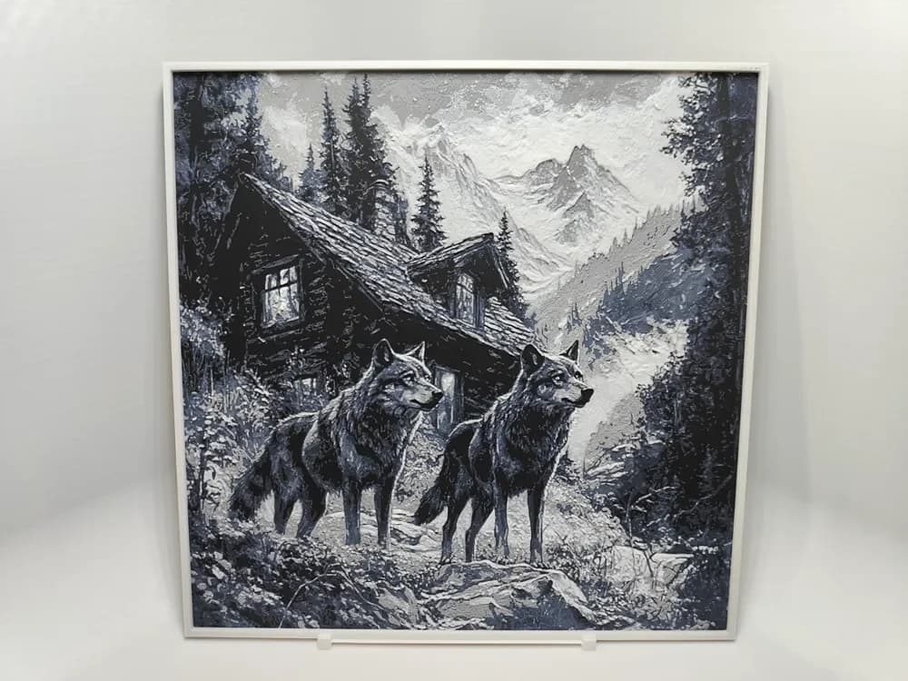 Wolfs near cabin in a valley - Hueforge by BeaN HueForge model: Wolfs near cabin in a valley - Hueforge by BeaN
