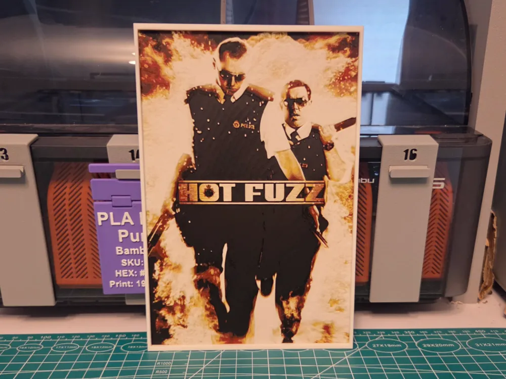 Hot Fuzz Movie Poster - Hueforge Art by Lumpy3D HueForge model: Hot Fuzz Movie Poster - Hueforge Art by Lumpy3D