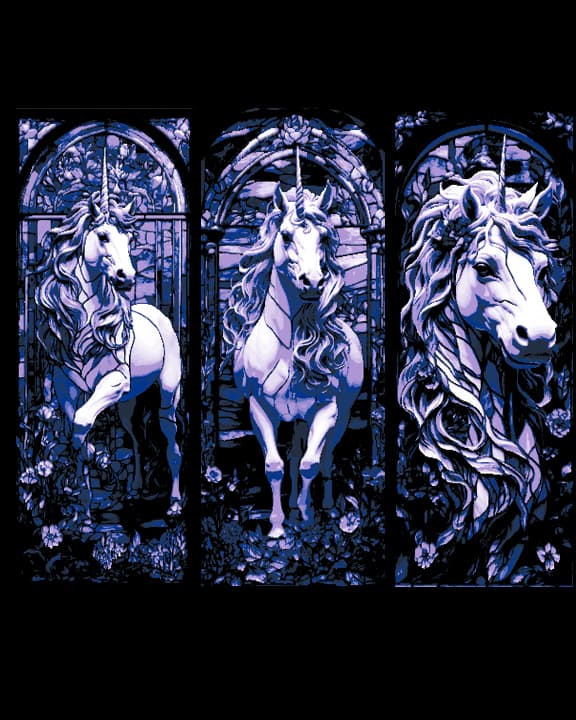 Stained Glass window designs of a Mythical Unicorn - Set of 3 Bookmarks Stained Glass window designs of a Mythical Unicorn - Set of 3 Bookmarks