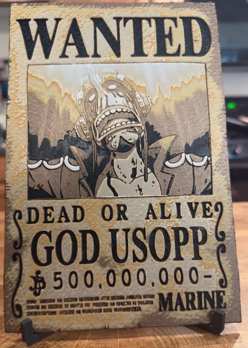 One Piece - God Usopp Wanted Poster by Pretty Okay Prints HueForge model: One Piece - God Usopp Wanted Poster by Pretty Okay Prints