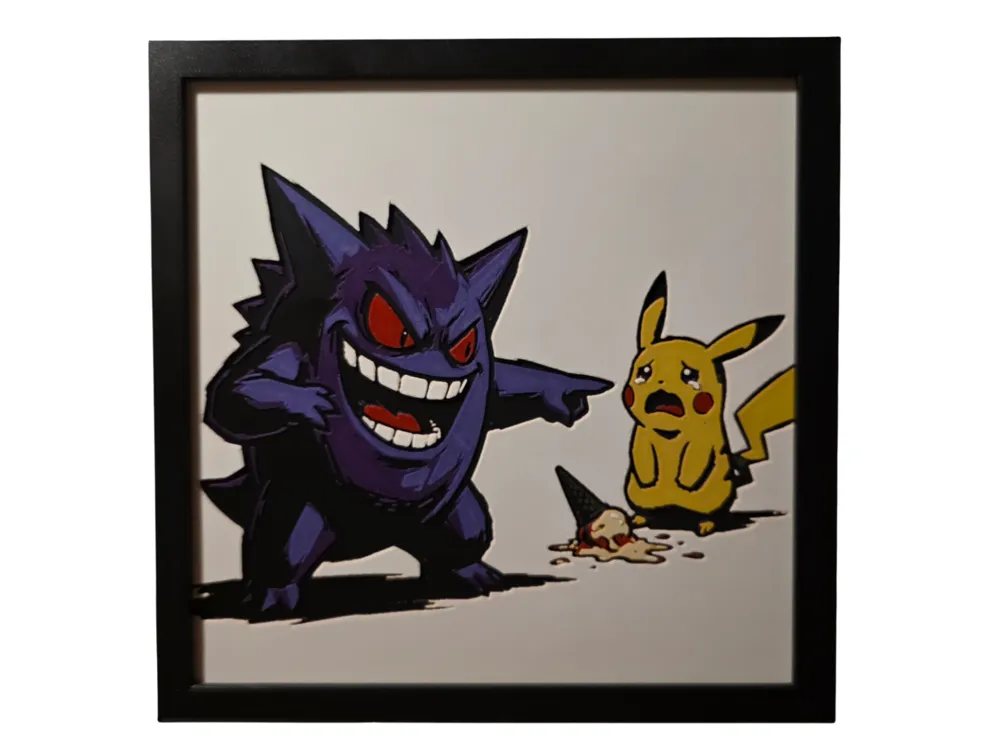 Gengar and Pikachu 200x200 by Side Quest Hues HueForge model: Gengar and Pikachu 200x200 by Side Quest Hues