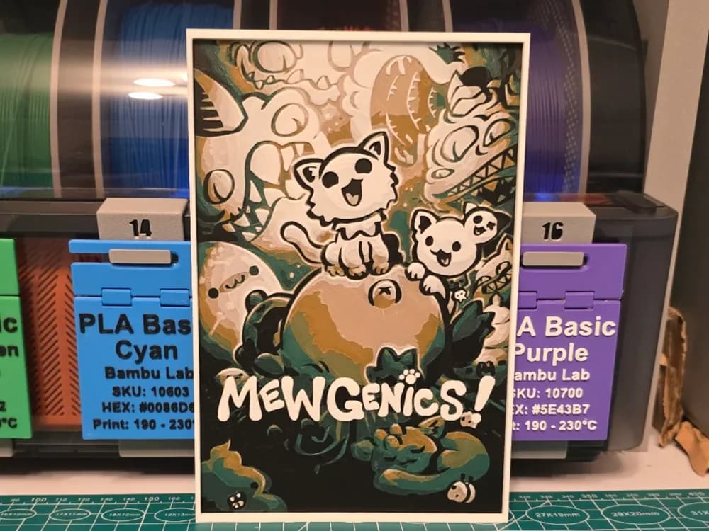 Mewgenics Game Poster - Hueforge Art by Lumpy3D HueForge model: Mewgenics Game Poster - Hueforge Art by Lumpy3D